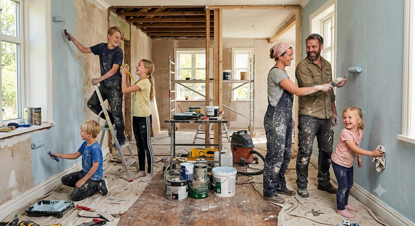 Familie renoviert gemeinsam ein Zimmer im eigenen Haus, gefördert über die Eigentumsförderung Modernisierung der NRW.BANK