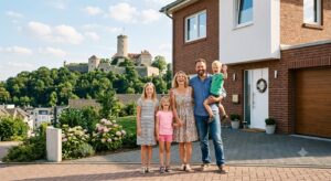 Familie vor ihrem Eigenheim in Bielefeld mit Blick auf die Sparrenburg, finanziert mit der Wohnraumförderung NRW