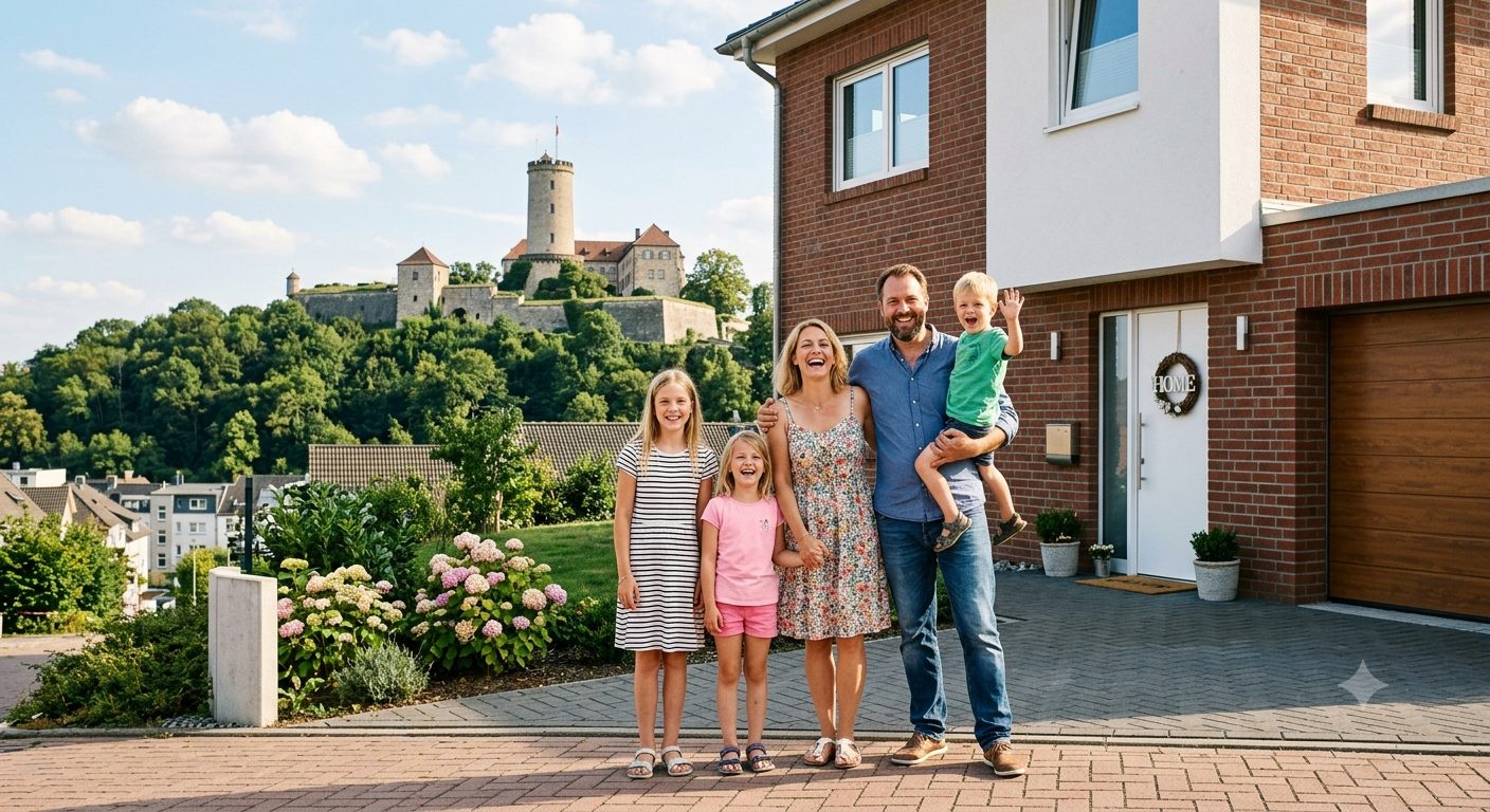 Familie vor ihrem Eigenheim in Bielefeld mit Blick auf die Sparrenburg, finanziert mit der Wohnraumförderung NRW