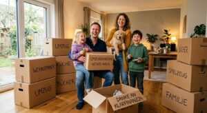 Familie mit zwei Kindern und Hund zwischen Umzugskartons im neuen Zuhause nach Wohnraumförderung NRW