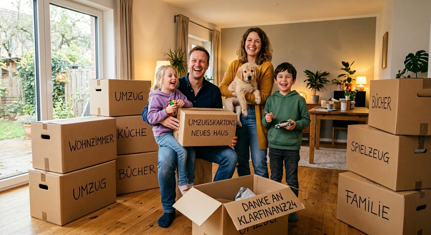 Familie mit zwei Kindern und Hund zwischen Umzugskartons im neuen Zuhause nach Wohnraumförderung NRW